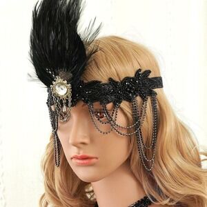 Black 1920s Style‎ Flapper Headband Feather Beaded Rhinestone Headpiece Costume